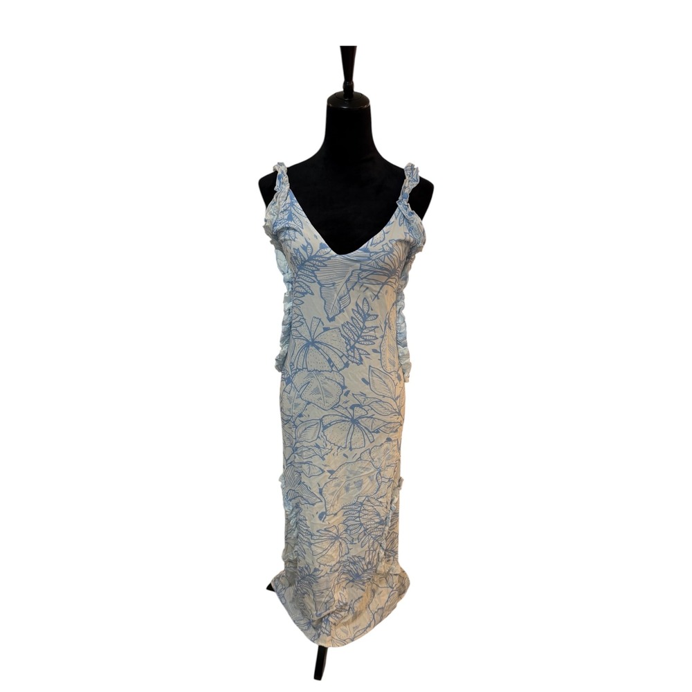 PQ Swim Cover-up maxi dress with ruffled straps, blue/white botanical print M/L